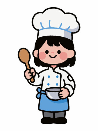 Cheerful cartoon illustration of a smiling girl in a chef's costumeのイラスト素材