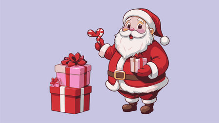 Cheerful cartoon illustration of Santa Claus holding presents and standing next to a large gift box.のイラスト素材