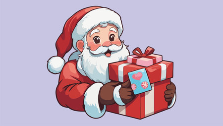 Cheerful cartoon illustration of Santa Claus holding presents and standing next to a large gift box.のイラスト素材