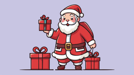 Cheerful cartoon illustration of Santa Claus holding presents and standing next to a large gift box.のイラスト素材