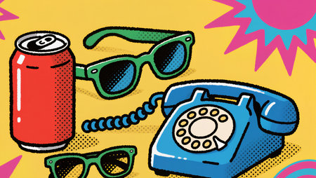 Colorful retro pop art illustration with vintage objectsの素材