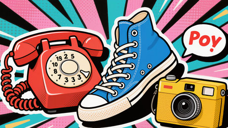 Colorful retro pop art illustration with vintage objectsの素材