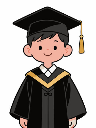 Adorable cartoon illustration of a smiling boy wearing a black graduation gown, cap, and yellow sash.のイラスト素材