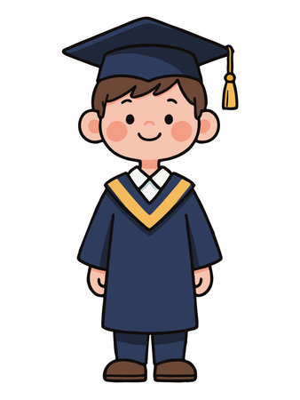 Adorable cartoon illustration of a smiling boy wearing a black graduation gown, cap, and yellow sash.のイラスト素材