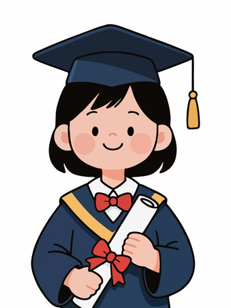 Cheerful cartoon illustration of a smiling girl wearing a blue graduation gown, cap, and light blue sash.のイラスト素材