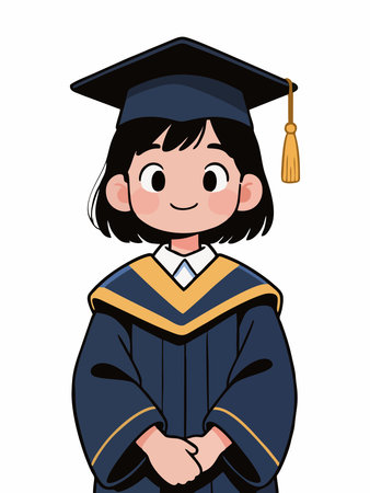 Cheerful cartoon illustration of a smiling girl wearing a blue graduation gown, cap, and light blue sash.のイラスト素材