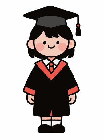 Cheerful cartoon illustration of a smiling girl wearing a blue graduation gown, cap, and light blue sash.のイラスト素材