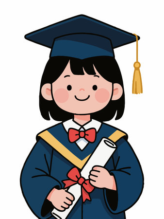 Cheerful cartoon illustration of a smiling girl wearing a blue graduation gown, cap, and light blue sash.のイラスト素材