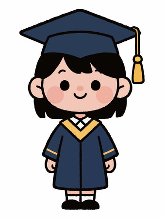 Cheerful cartoon illustration of a smiling girl wearing a blue graduation gown, cap, and light blue sash.のイラスト素材