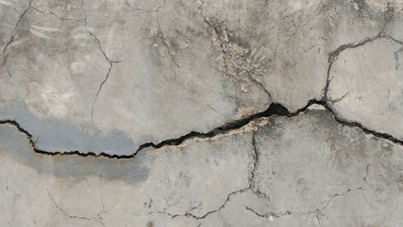 Cracked concrete walls reveal natural patterns and deep cracks.