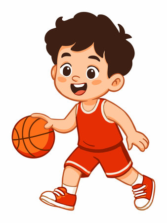 Cheerful cartoon illustration of a boy playing basketball.のイラスト素材