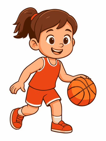Adorable cartoon illustration of a cheerful young girl playing basketball.のイラスト素材