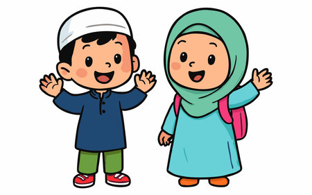 Cheerful cartoon illustration of Muslim school children.のイラスト素材