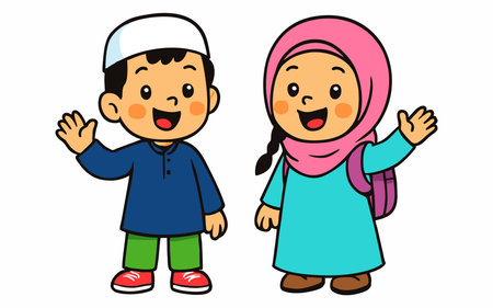 Cheerful cartoon illustration of Muslim school children.のイラスト素材
