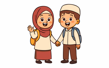 Cheerful cartoon illustration of Muslim school children.のイラスト素材