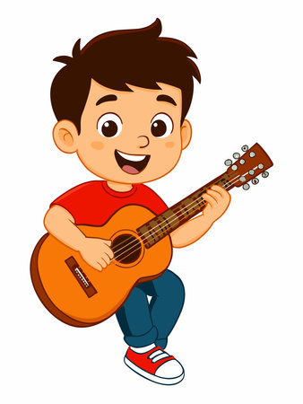 Cute cartoon vector illustration of a boy playing guitarのイラスト素材