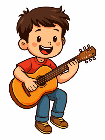 Cute cartoon vector illustration of a boy playing guitarのイラスト素材