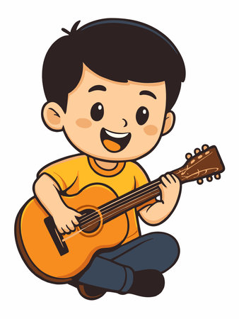 Cute cartoon vector illustration of a boy playing guitarのイラスト素材