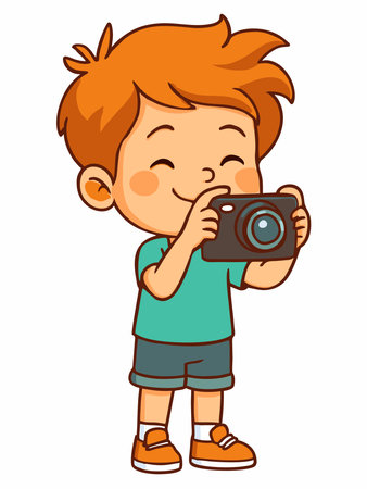 Vector illustration of a cartoon boy taking a photo with a camera.のイラスト素材