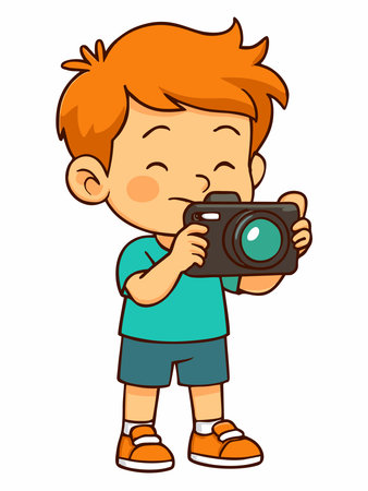 Vector illustration of a cartoon boy taking a photo with a camera.のイラスト素材