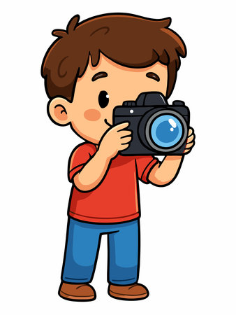Vector illustration of a cartoon boy taking a photo with a camera.のイラスト素材