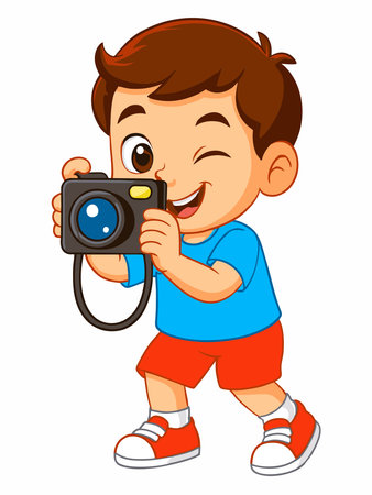 Vector illustration of a cartoon boy taking a photo with a camera.のイラスト素材