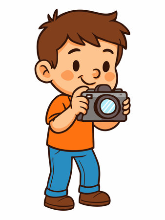 Vector illustration of a cartoon boy taking a photo with a camera.のイラスト素材
