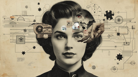 A surreal collage portrait of a woman with fragmented memories.の素材