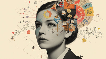 A surreal collage portrait of a woman with fragmented memories.の素材