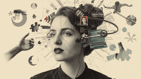 A surreal collage portrait of a woman with fragmented memories.の素材