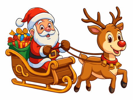 Cartoon illustration of Santa Claus and reindeer sleigh with giftsのイラスト素材