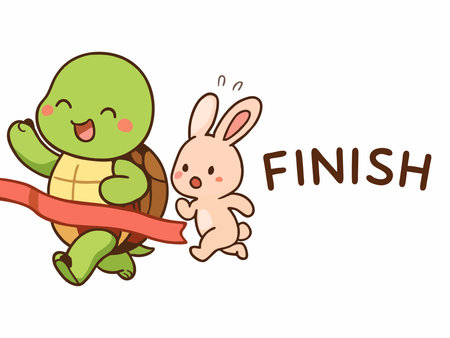 Cute cartoon illustration of a turtle and a rabbit running towards the finish line.のイラスト素材