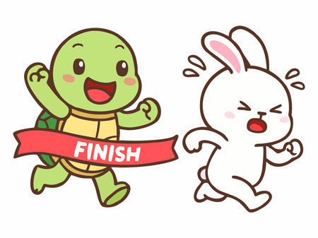 Cute cartoon illustration of a turtle and a rabbit running towards the finish line.のイラスト素材