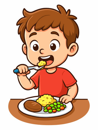 A cheerful cartoon illustration of a boy enjoying his meal at the table.のイラスト素材