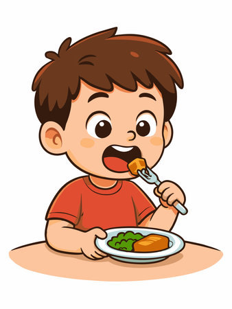 A cheerful cartoon illustration of a boy enjoying his meal at the table.のイラスト素材