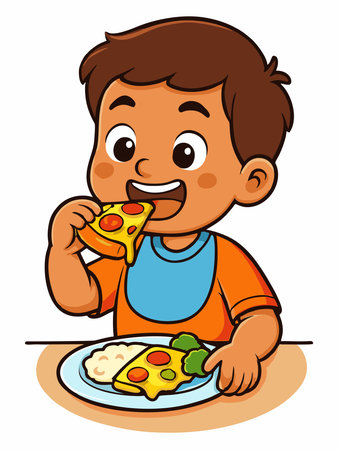 A cheerful cartoon illustration of a boy enjoying his meal at the table.のイラスト素材
