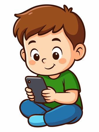 Cartoon illustration of a cheerful boy sitting on the floor playing with his smartphone.のイラスト素材