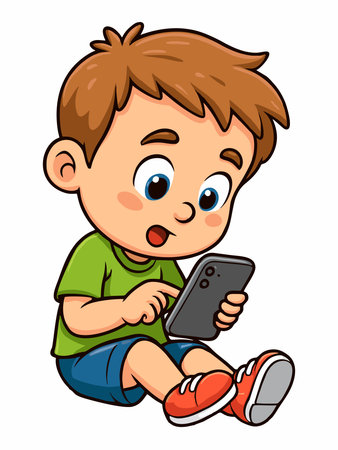 Cartoon illustration of a cheerful boy sitting on the floor playing with his smartphone.のイラスト素材
