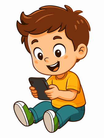 Cartoon illustration of a cheerful boy sitting on the floor playing with his smartphone.のイラスト素材