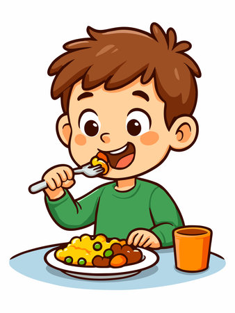 A cheerful cartoon illustration of a boy enjoying his meal at the table.のイラスト素材