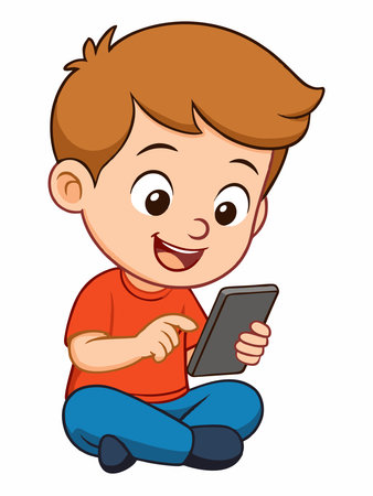 Cartoon illustration of a cheerful boy sitting on the floor playing with his smartphone.のイラスト素材