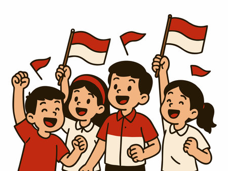 Illustration of cheerful children waving the Indonesian flag to celebrate Indonesian Independence Day.のイラスト素材