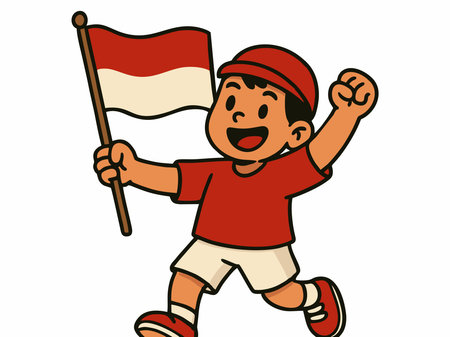 Illustration of cheerful children waving the Indonesian flag to celebrate Indonesian Independence Day.のイラスト素材