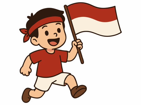 Illustration of cheerful children waving the Indonesian flag to celebrate Indonesian Independence Day.のイラスト素材