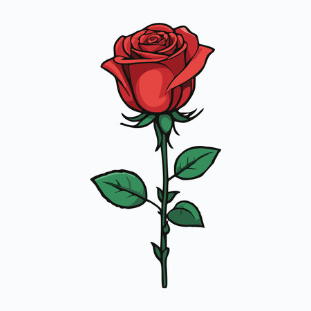 Illustration of a red rose with green leaves and a detailed stem.のイラスト素材