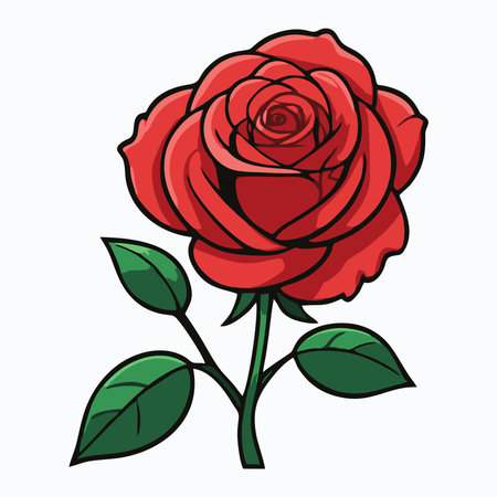 Illustration of a red rose with green leaves and a detailed stem.のイラスト素材