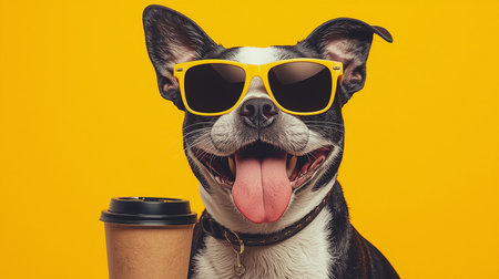 Cool dog with sunglasses and coffee on a bright yellow background.の素材