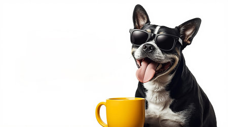 Cool dog with sunglasses and coffee on white backgroundの素材