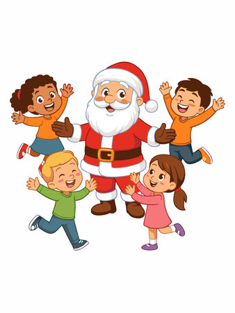 Santa Claus celebrates Christmas with happy childrenのイラスト素材