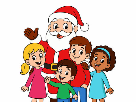 Santa Claus celebrates Christmas with happy childrenのイラスト素材